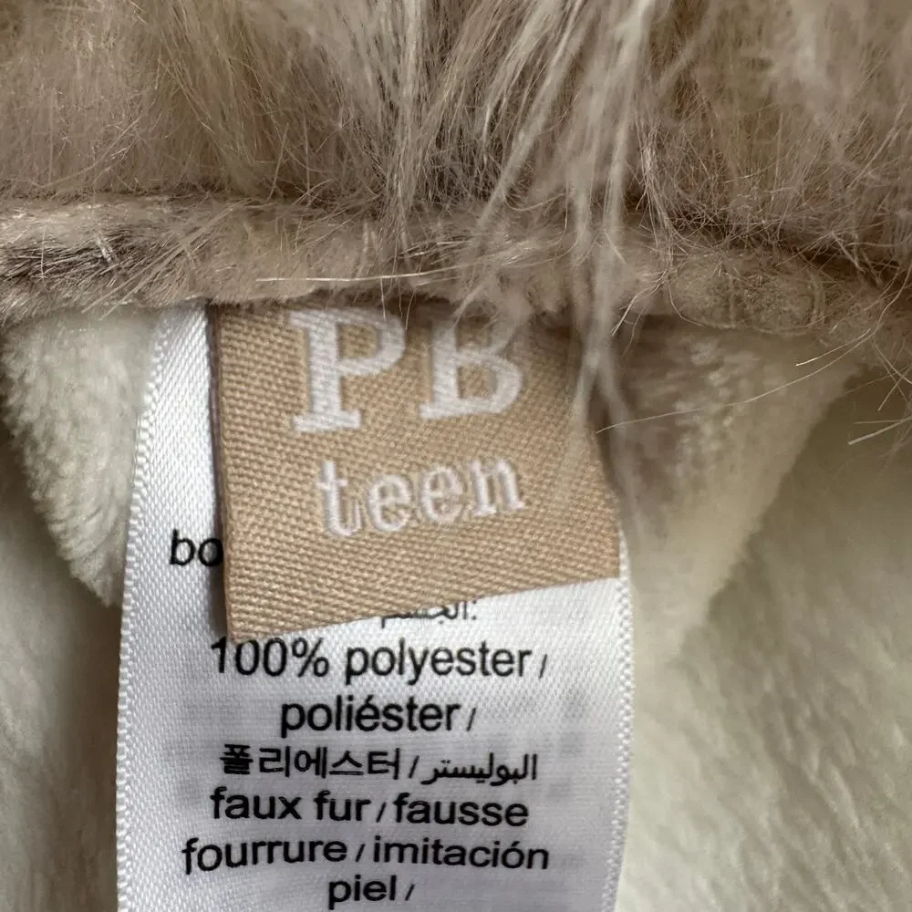 Pottery Barn PB Teen Faux Animal Fur Trim Hooded Robe Ombre Ivory Belt Tie EUC